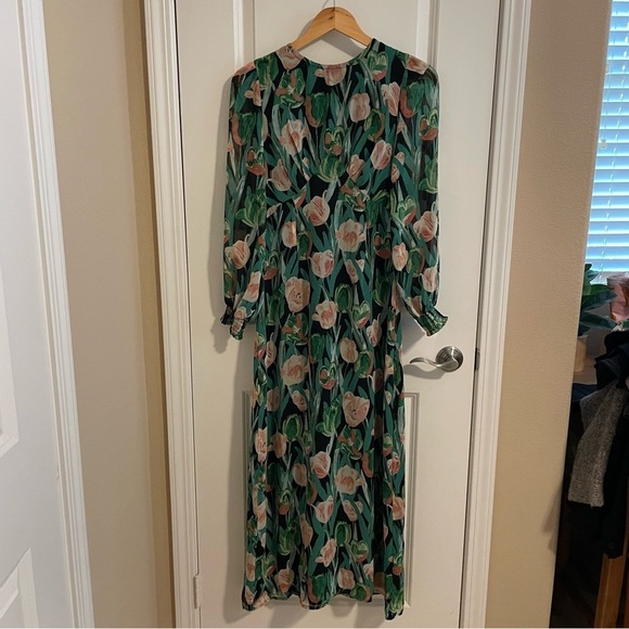 Fore Floral Print Long Sleeve Maxi Dress Green Pink Size Small - Picture 1 of 8